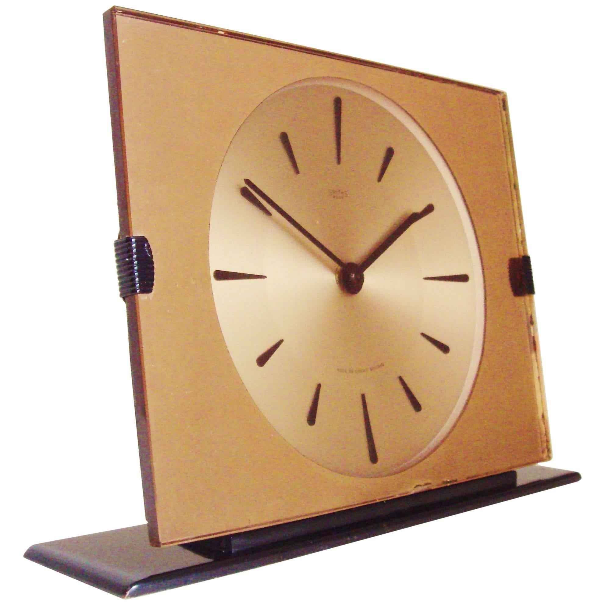 English Mid-Century Peach Mirror, Lucite and Enamel Mechanical Clock by Smiths