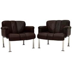 Pair of Vintage Leather and Chrome Armchairs by Girsberger, Vintage, 1960s