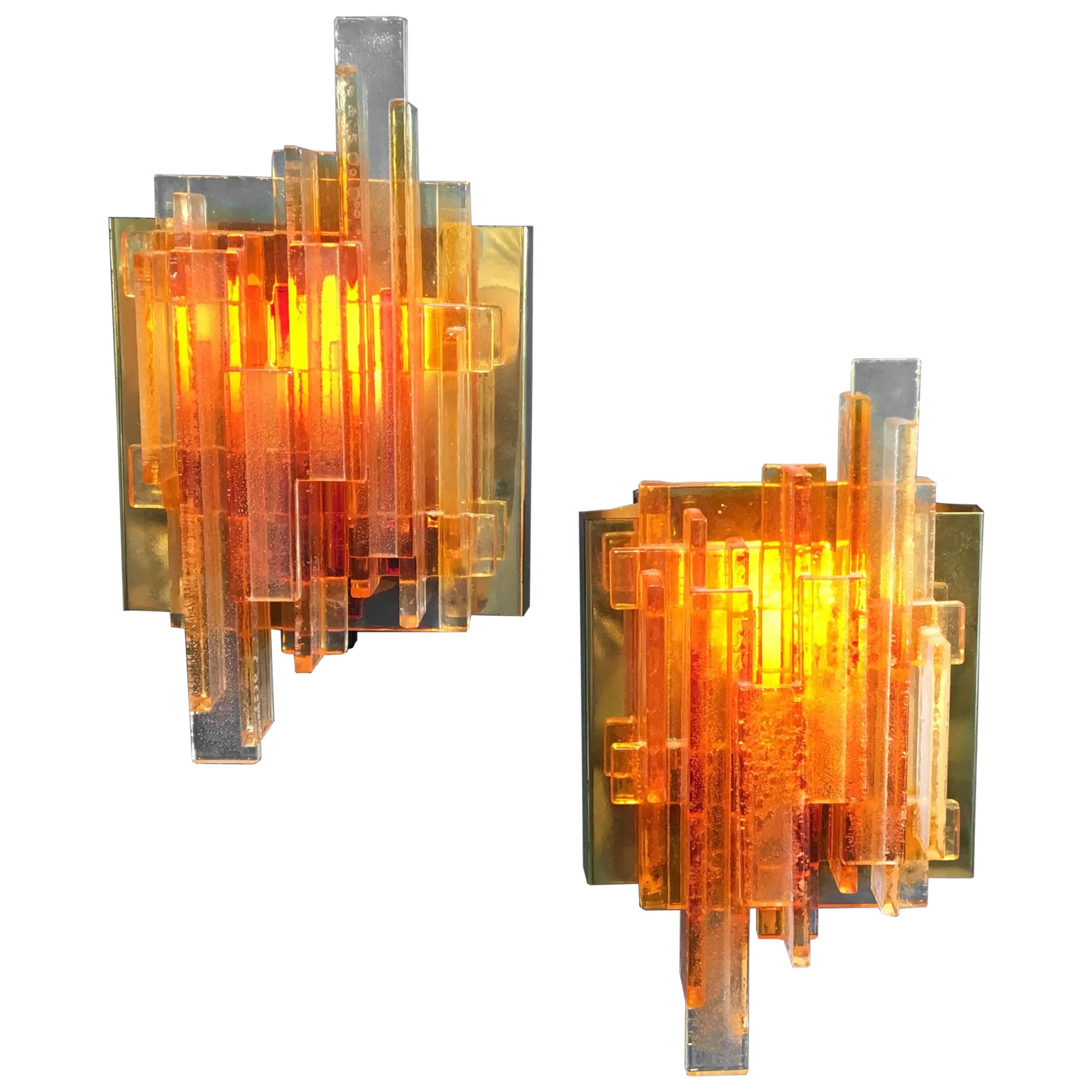 Set of Two Orange Acrylic Wall Lights Model 1004 by Claus Bolby, Denmark, 1970