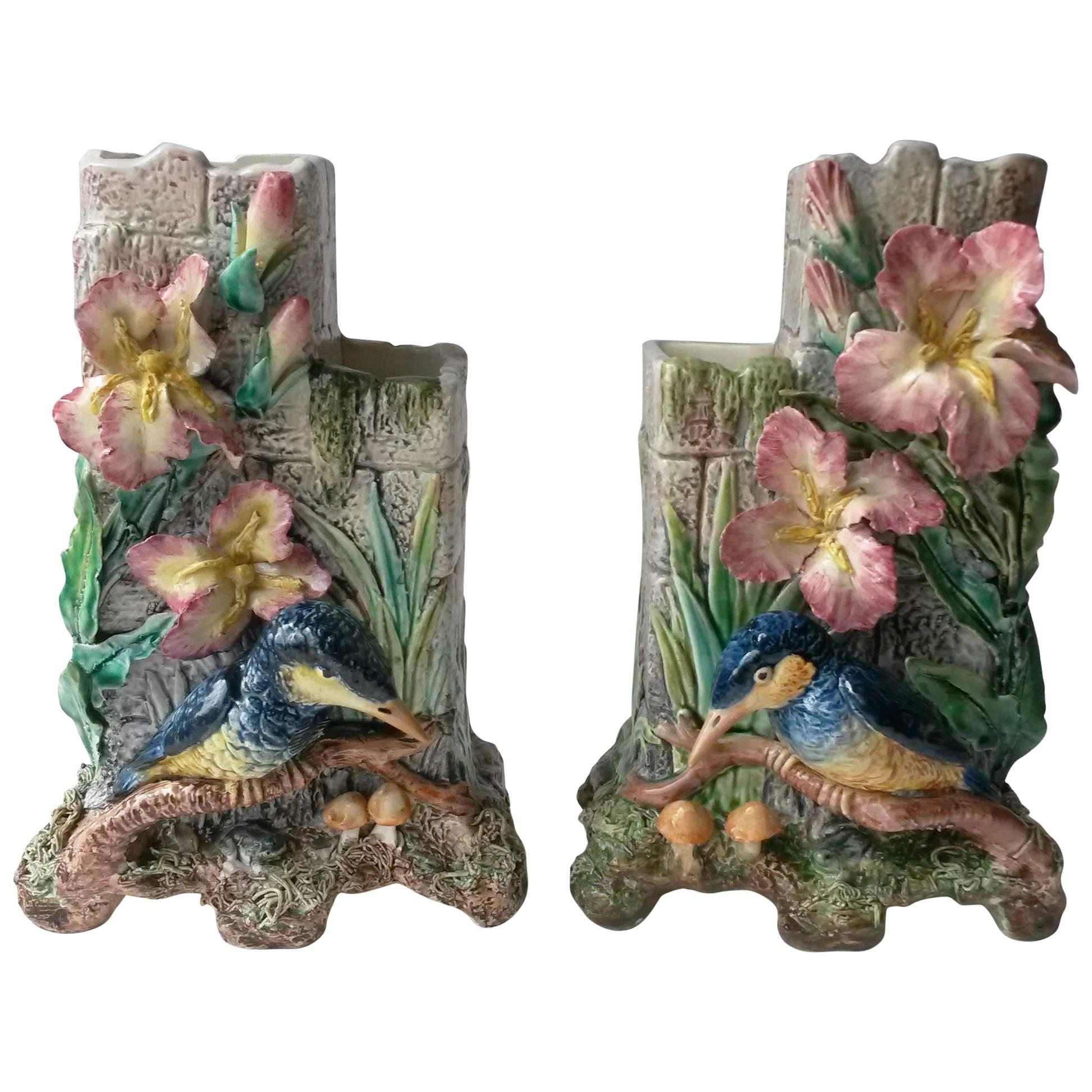 Pair of Majolica Kingfisher and Lilies Vases Fives Lille, circa 1880