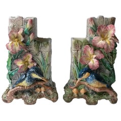 Pair of Majolica Kingfisher and Lilies Vases Fives Lille, circa 1880