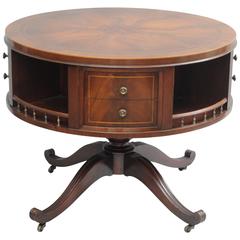 Vintage Round Mahogany Revolving Regency Style Library Drum Table Sunburst Banded Inlaid