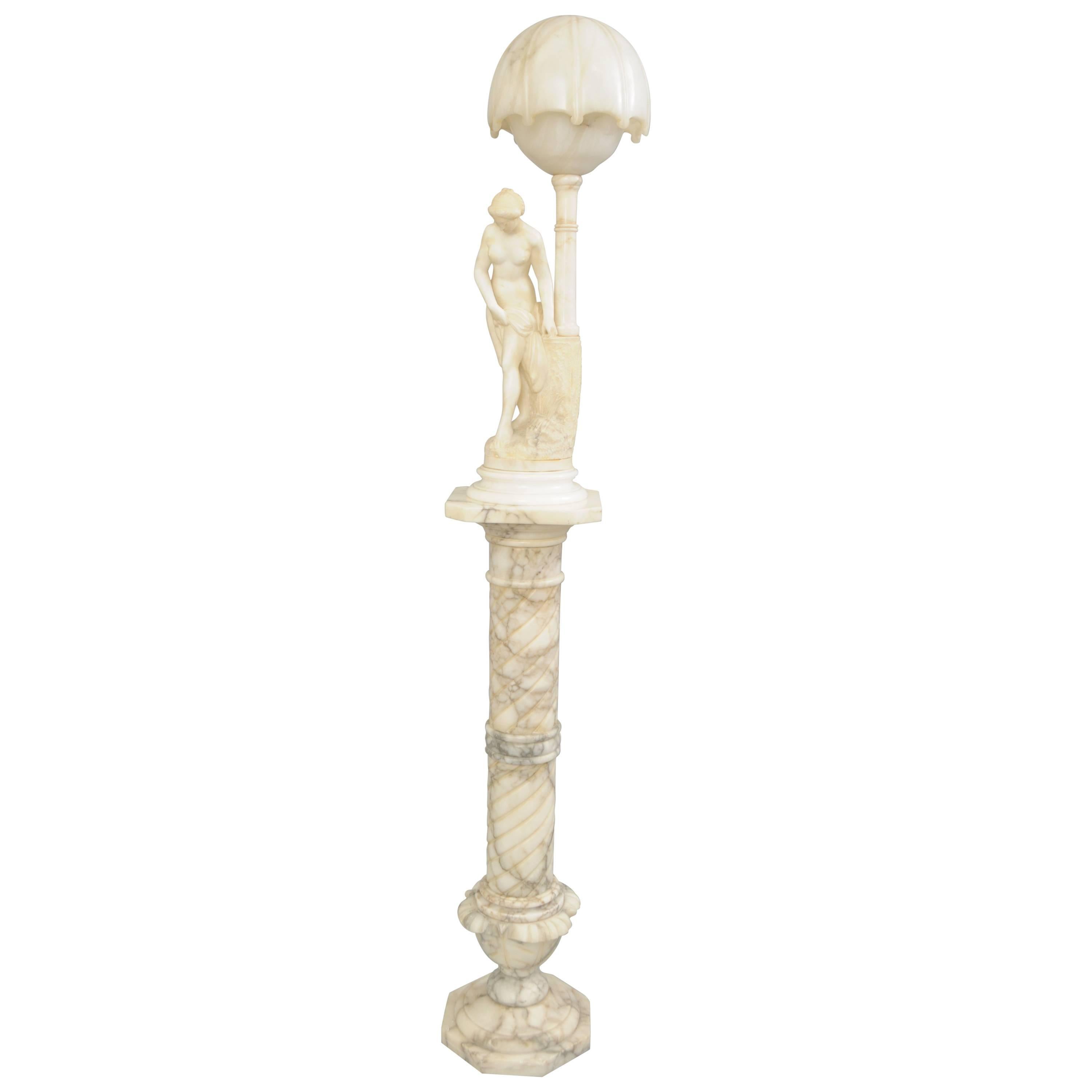 Art Nouveau Carved Alabaster & Marble Lamp on Pedestal Figural Nude Deco Maiden