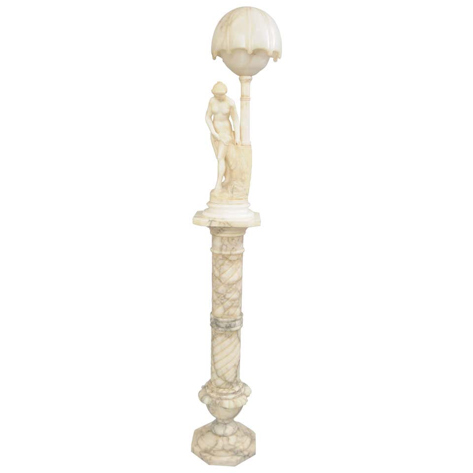 Art Nouveau Carved Alabaster & Marble Lamp on Pedestal Figural Nude Deco Maiden For Sale