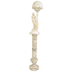Antique Art Nouveau Carved Alabaster & Marble Lamp on Pedestal Figural Nude Deco Maiden