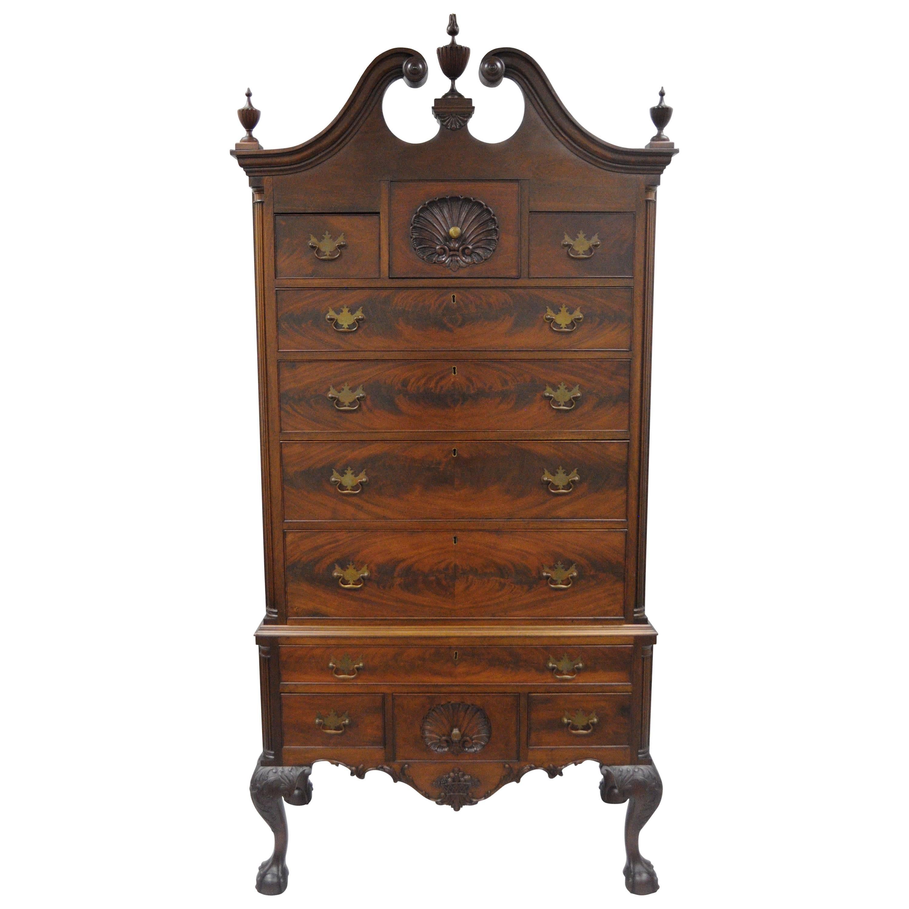 19th C. Crotch Mahogany Chippendale Ball and Claw Highboy Tall Chest of Drawers For Sale
