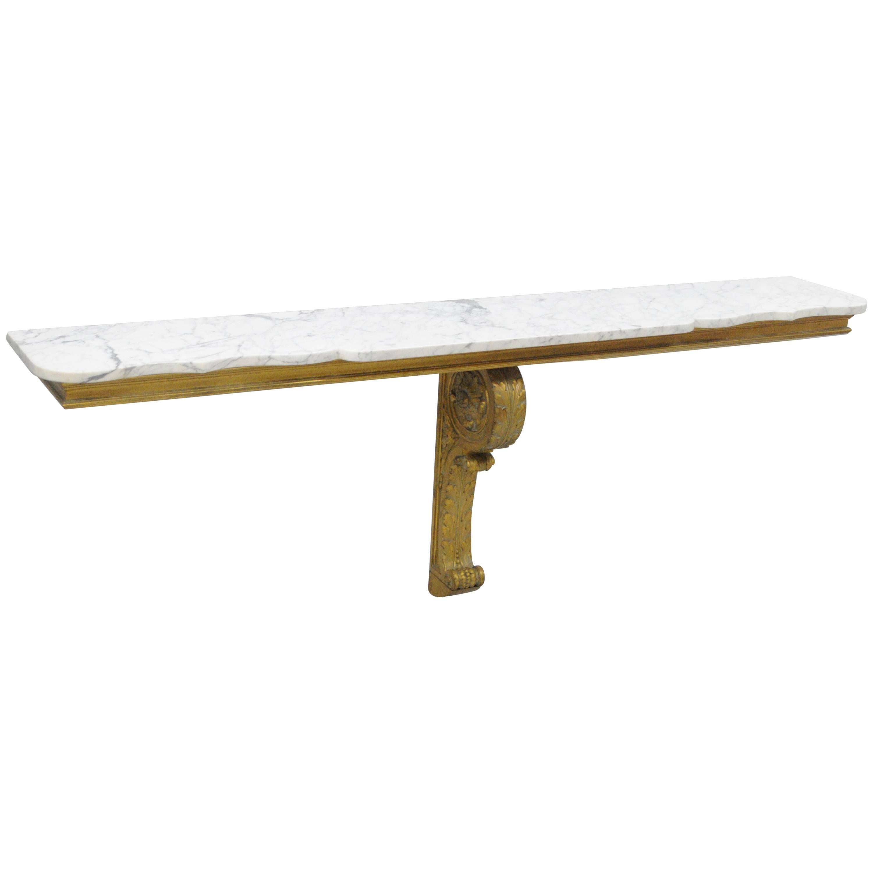 Long French Baroque Style Marble-Top Wall Mount Gold Painted Console Table Shelf