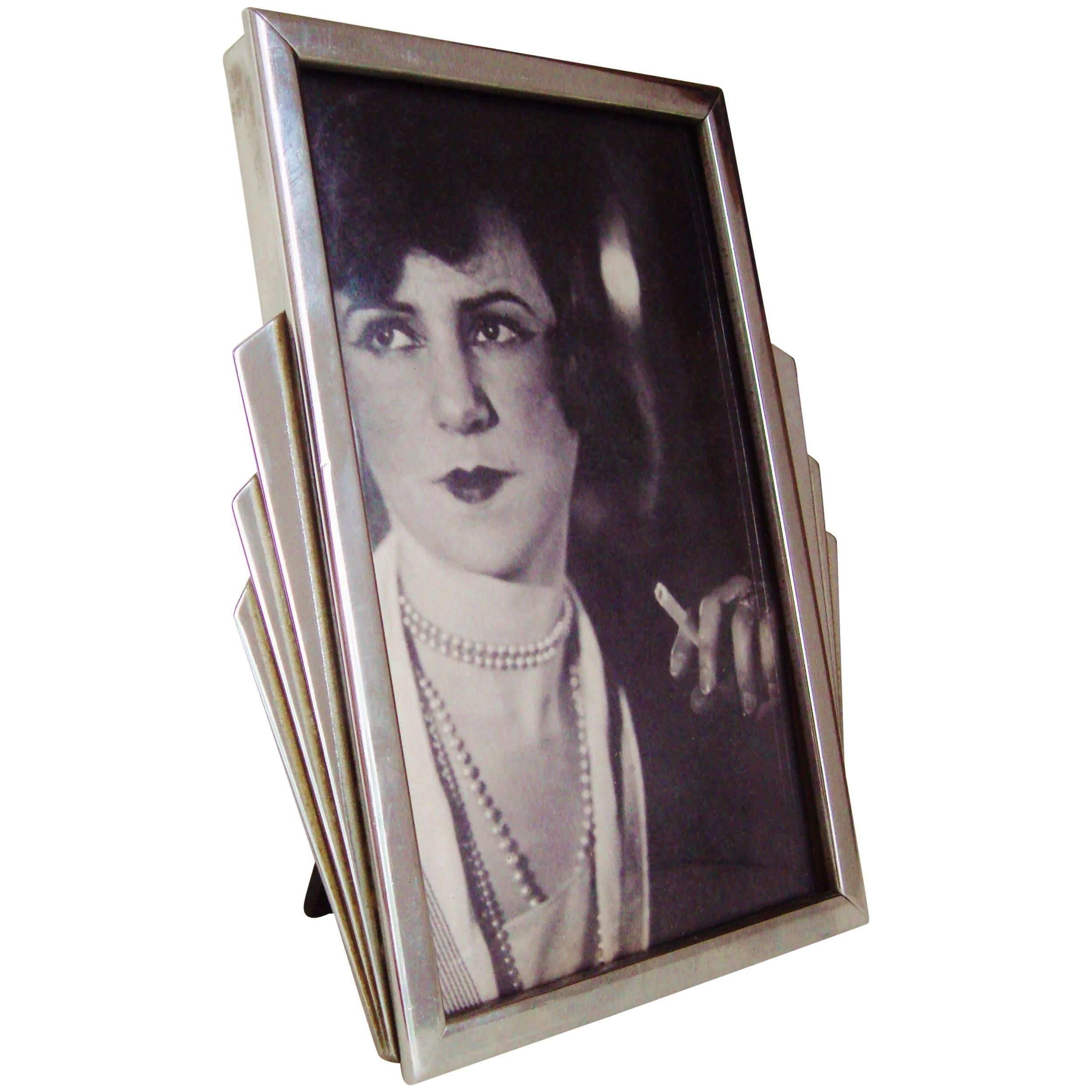 English Art Deco Wooden Backed Chrome Surround Photo Frame with Triple Sunrays