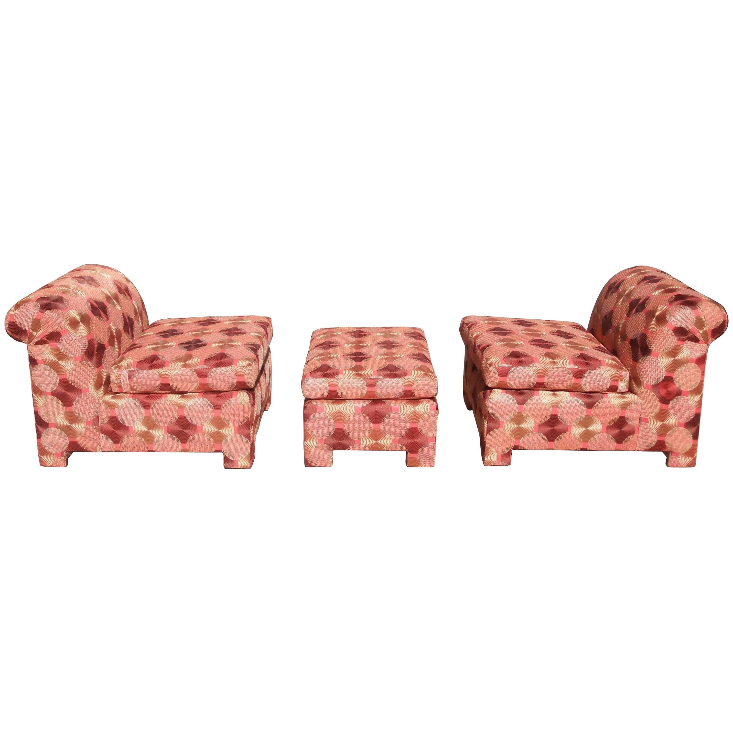 Pair of Slipper Chairs with Matching Ottoman in Chic Metallic Embroidered Fabric