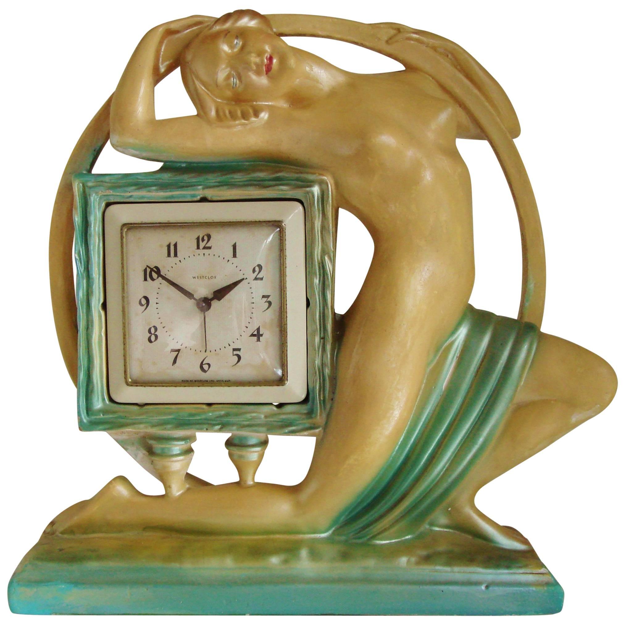 Rare Large English Art Deco Nude Mantel Clock by The Ornamental Plaster Co. For Sale
