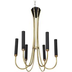 Italian Mid-Century Modern Brass Six-Arm Chandelier with Black Sleeves 5