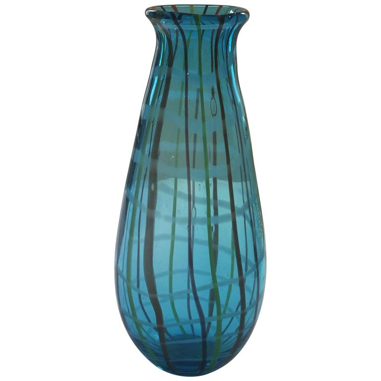 1970s Murano Blue Green Striped Vase at 1stDibs