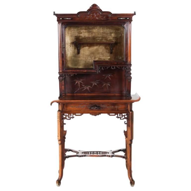 Antique French Asian-Style Walnut Vitrine with Mother-Of-Pearl Inlay, circa 1890