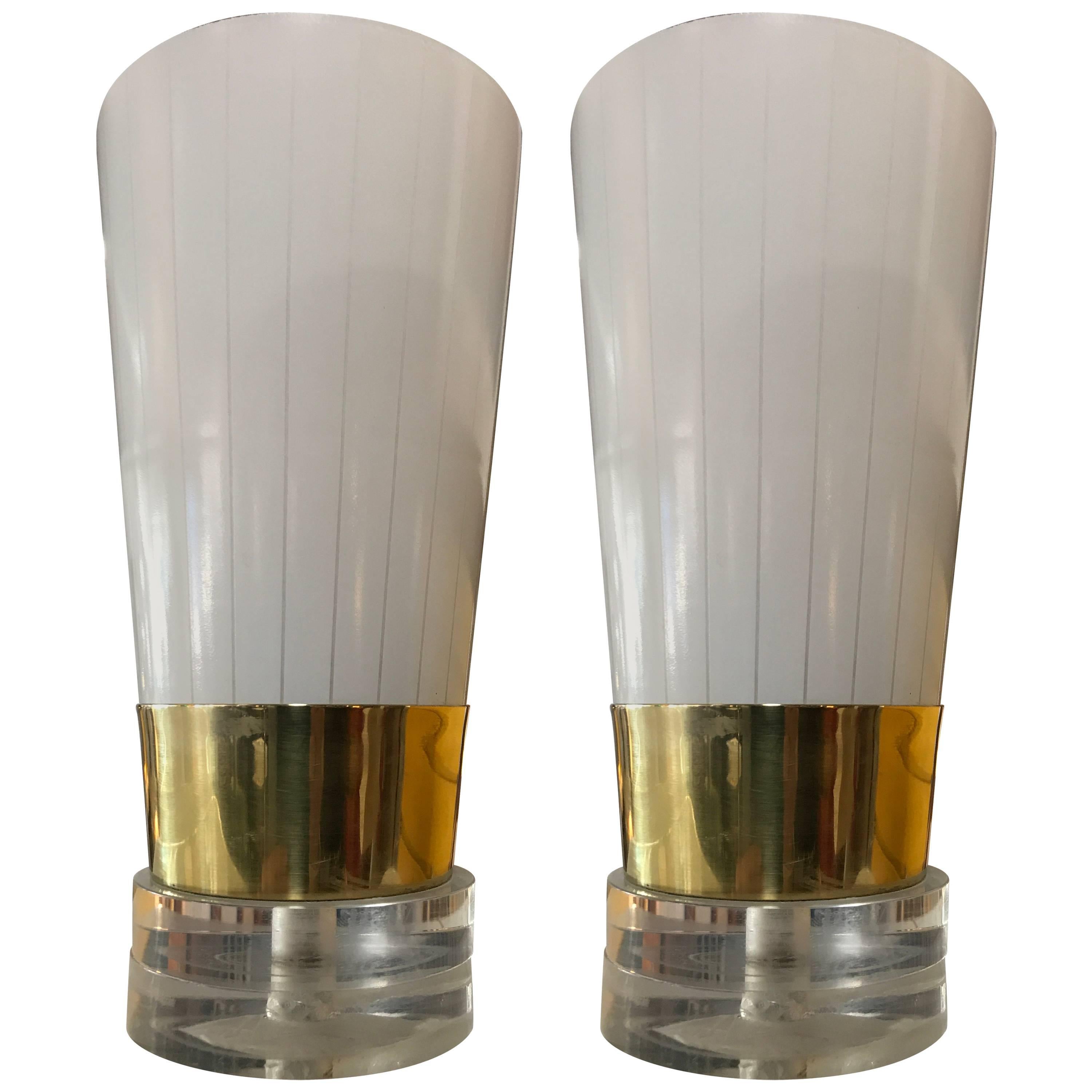 Pair of Brass, Lucite and Frosted Glass Little Table Lamps