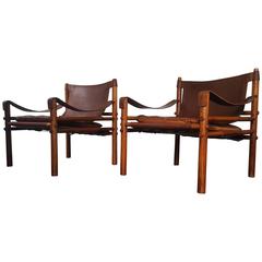 Pair of Stunning Vintage Leather and Rosewood "Sirocco" Easy Chairs by Arne No