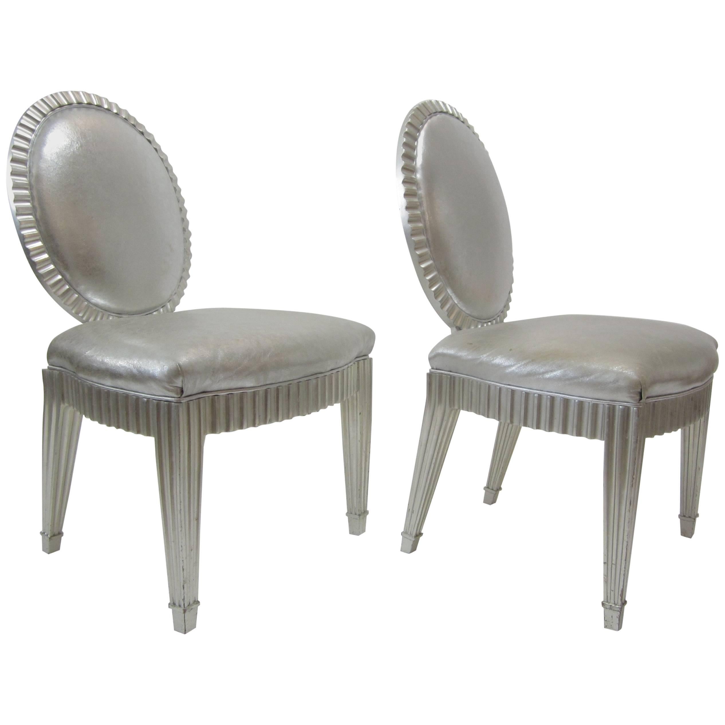 Pair of Silver Leaf and Silver Metallic Leather Neoclassical Chairs by Donghia