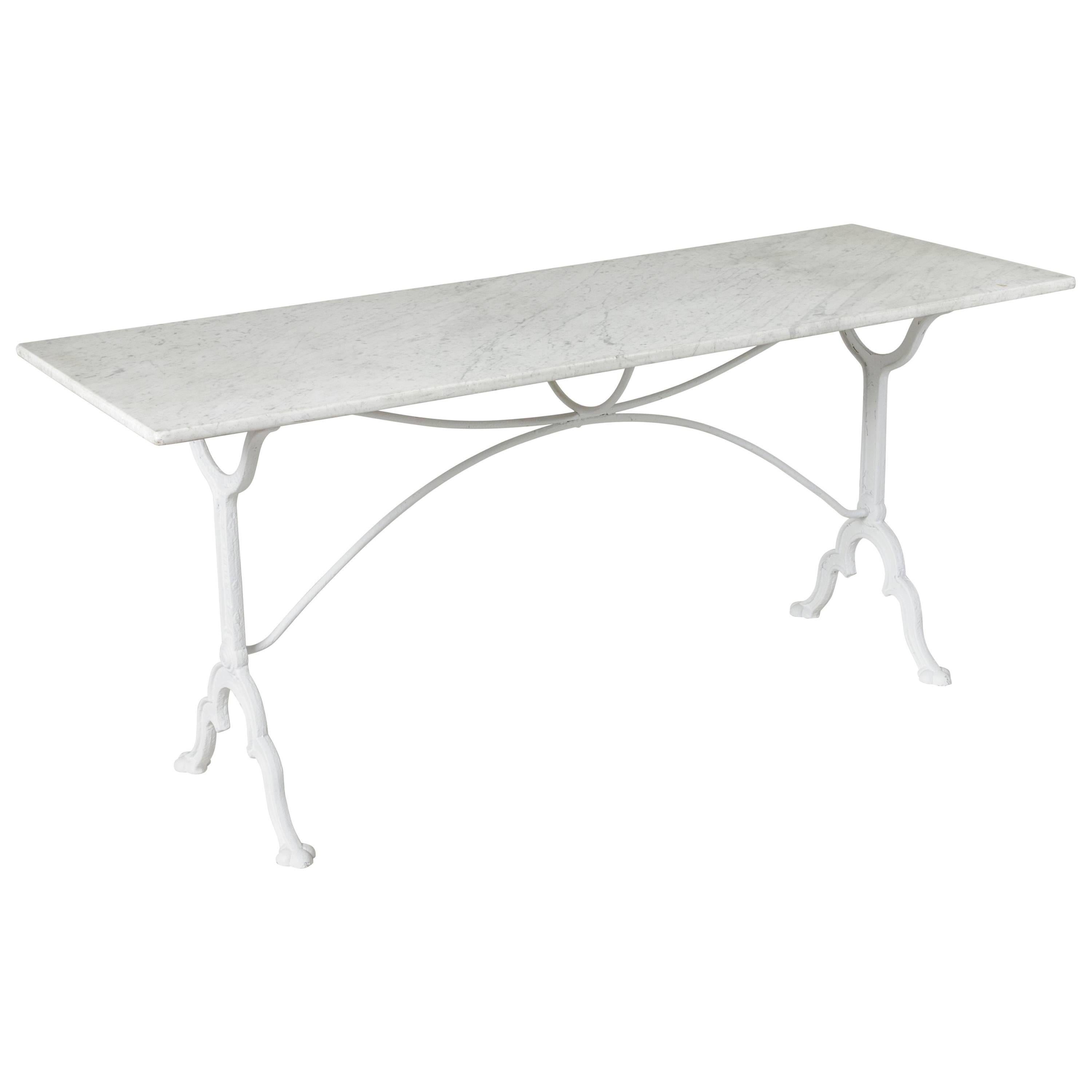 Long French Iron Bistro Table Console Table Sofa Table Carrara Marble Top, 1930s
