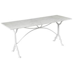 Vintage Long French Iron Bistro Table Console Table Sofa Table Carrara Marble Top, 1930s