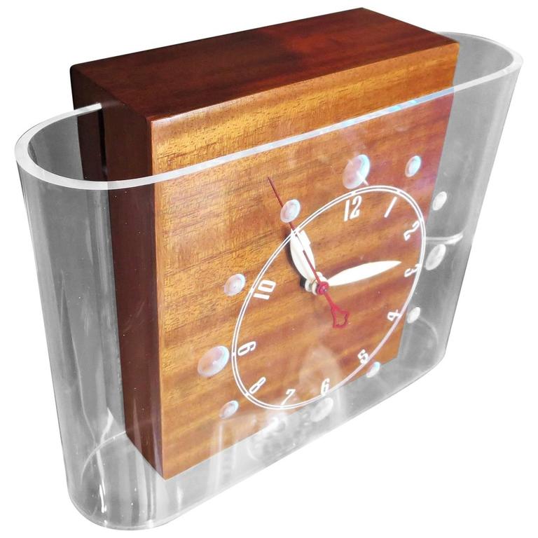 Lackner "Curvaline" Neon Desk Clock in Lucite and Mahogany at 1stDibs