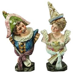 Pair of Antique Majolica Pottery busts, Old World Europe Courting Couple