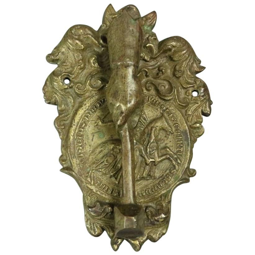 Antique French Cast Bronze Knights Templar Arm and Hammer Door Knocker