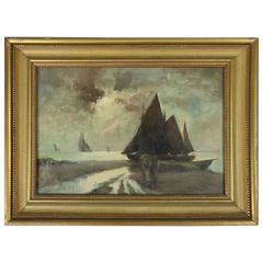 Antique European Maritime Coastal Oil on Canvas Painting, Schooner, circa 1880