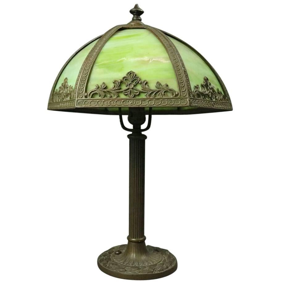Antique Miller & Co Arts & Crafts Slag Glass Panel Table Lamp, Bronze Base