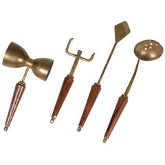 Vintage Set of Four Walnut Handle Brass Bar Tools, Italian, 1950s