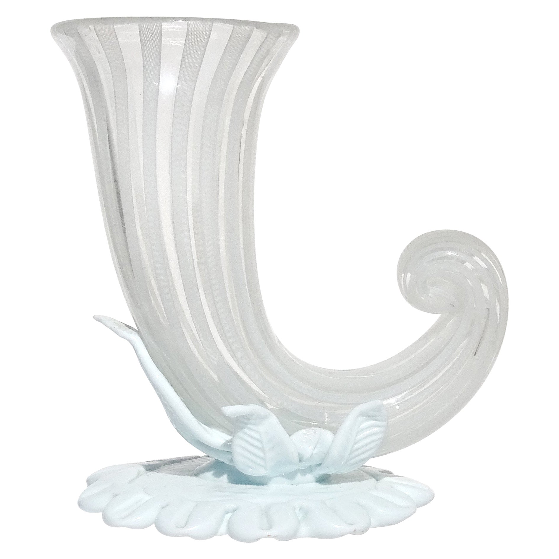 Venini Bianconi Murano Weiße Füllhornvase aus italienischem Kunstglas mit Zanfirico-Bändern