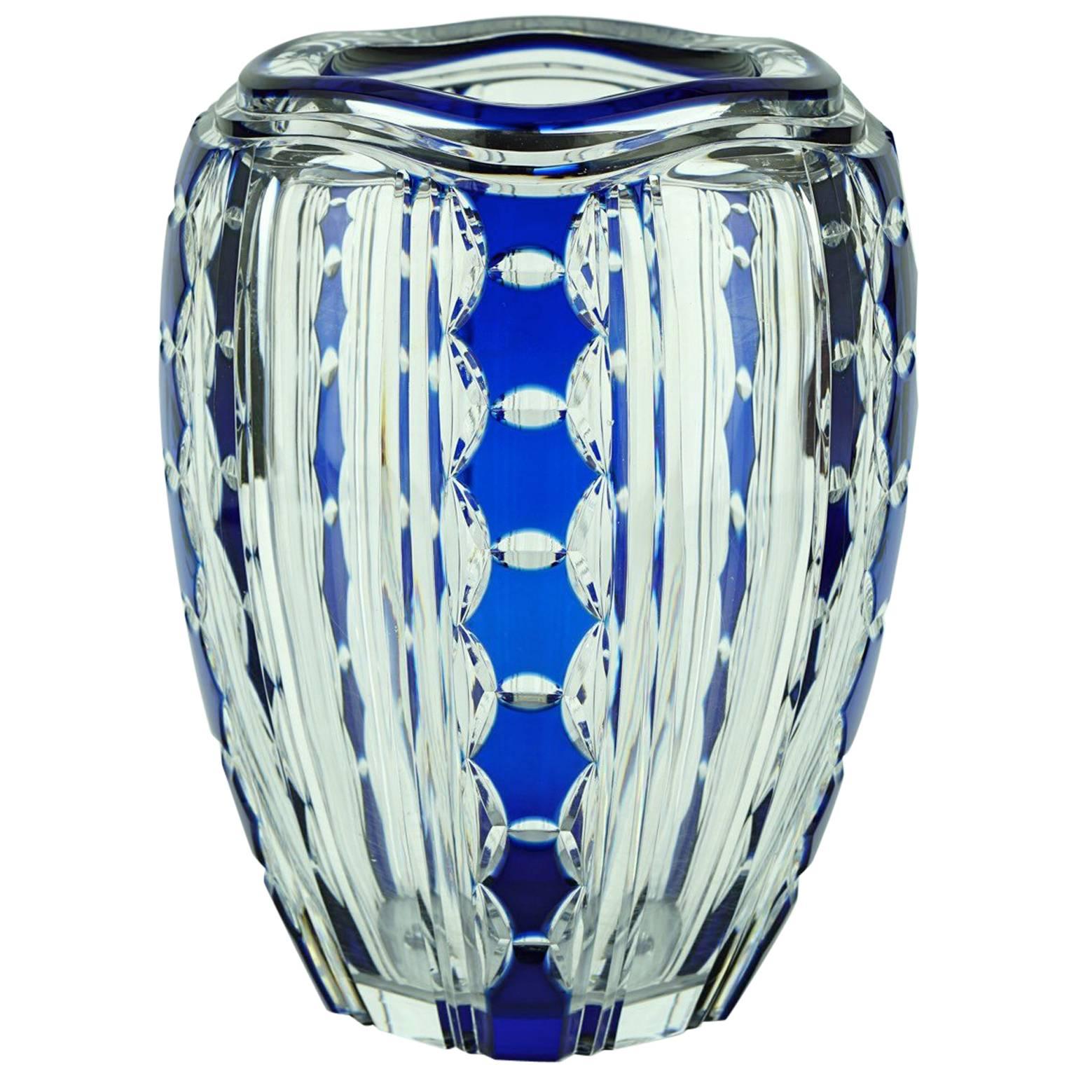 Art Deco Val Saint Lambert Blue Overlaid Pietro Crystal Vase by Joseph Simon For Sale
