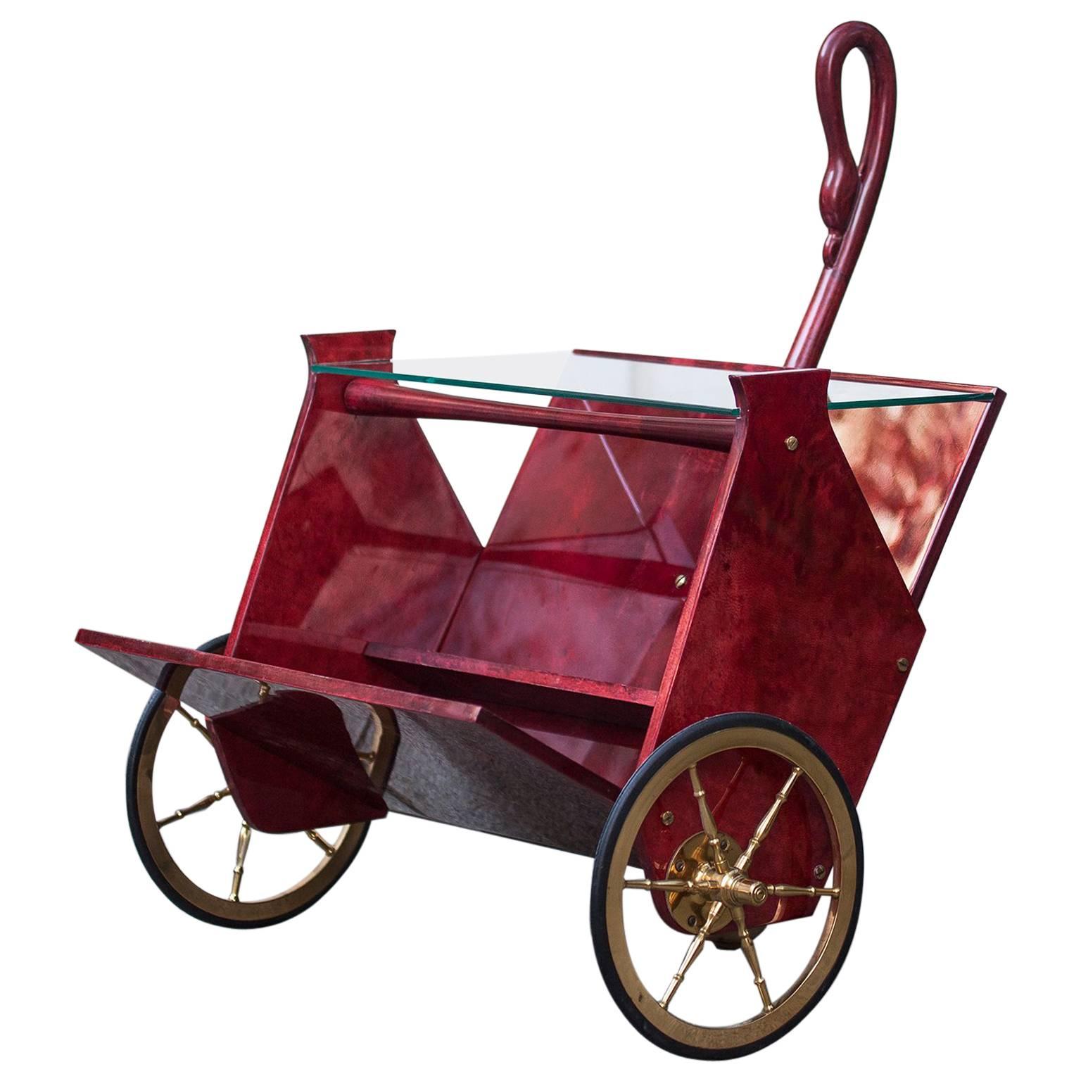 Aldo Tura Red Goatskin Magazine Rack Bar Cart