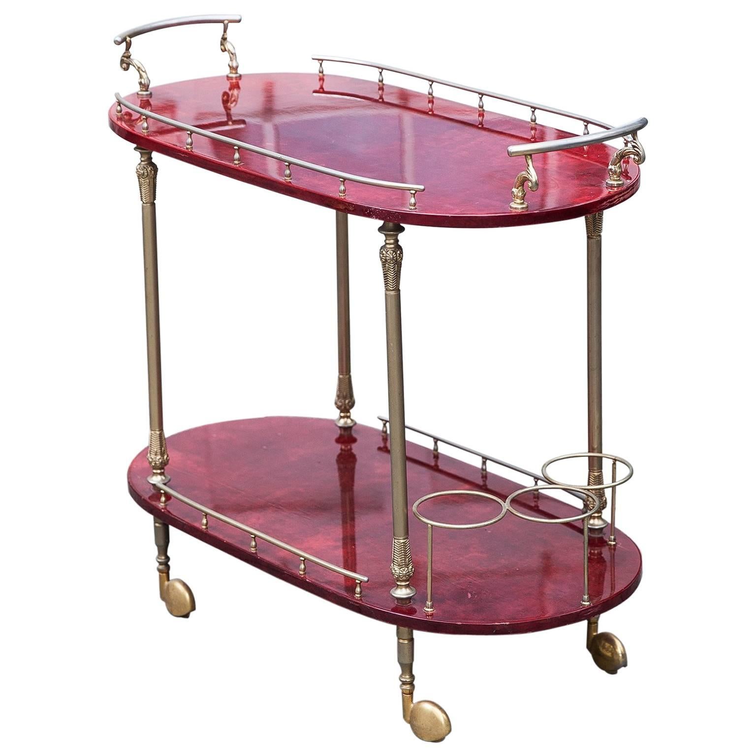 Aldo Tura Oval Bar Cart Red Goatskin