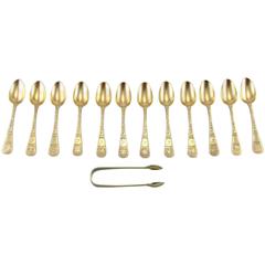 Victorian Set of 12 Frosted Silver-Gilt Teaspoons Plus Pair Tongs, London, 1867