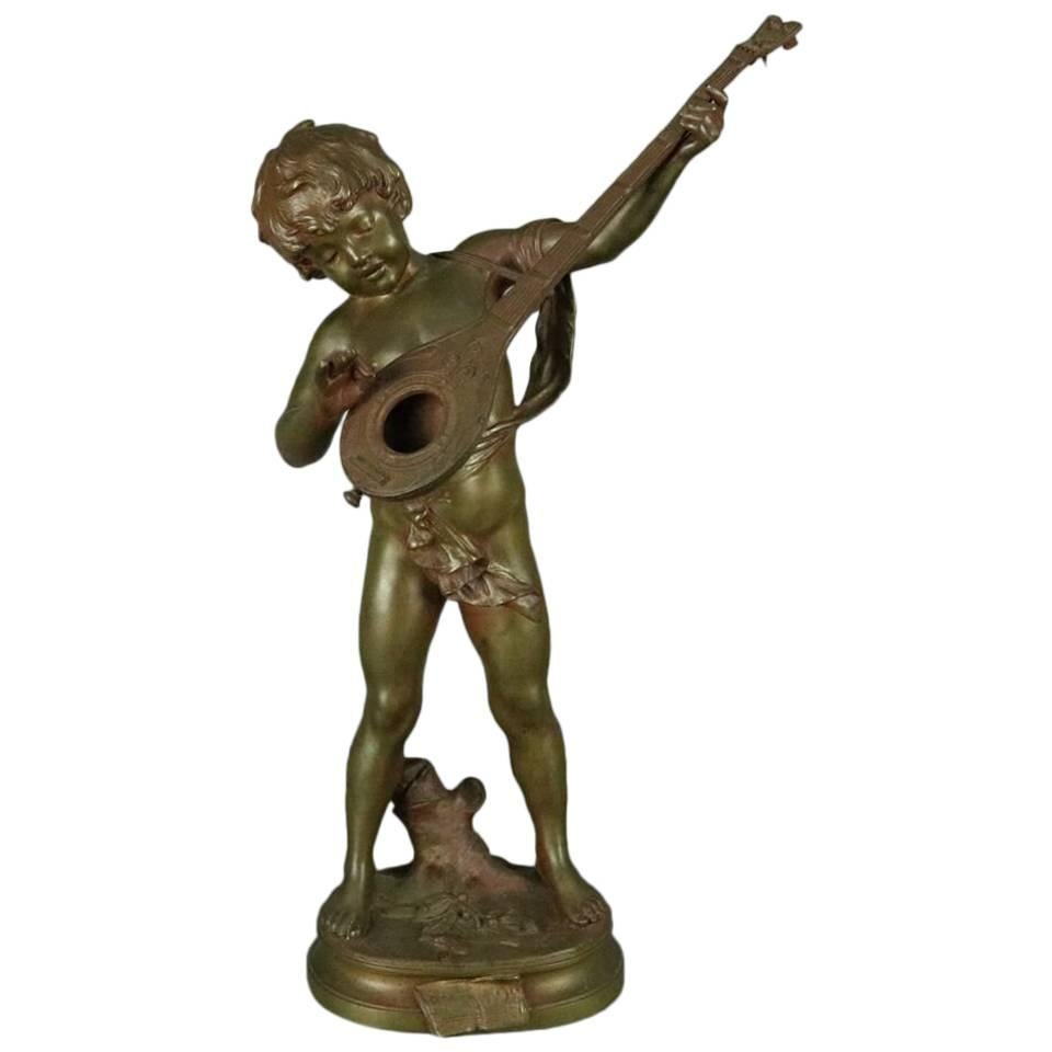 Antique Bronze Sculpture "Prelude" Signed Aug, Moreau, Boy 
Lute, circa 1890