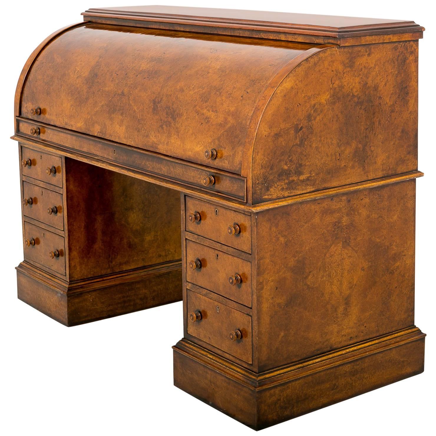 Stunning Victorian Burr Walnut Cylinder Desk For Sale