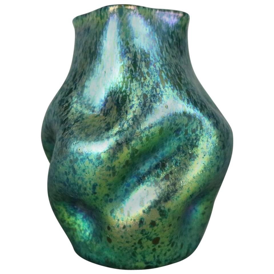 Antique Loetz Free-Form Pinched Art Glass Vase, Blue Green Oil Spot Finish