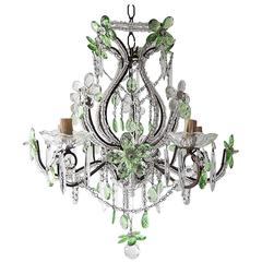 Beaded Green Maison Baguès Style Crystal Prisms and Flowers Chandelier
