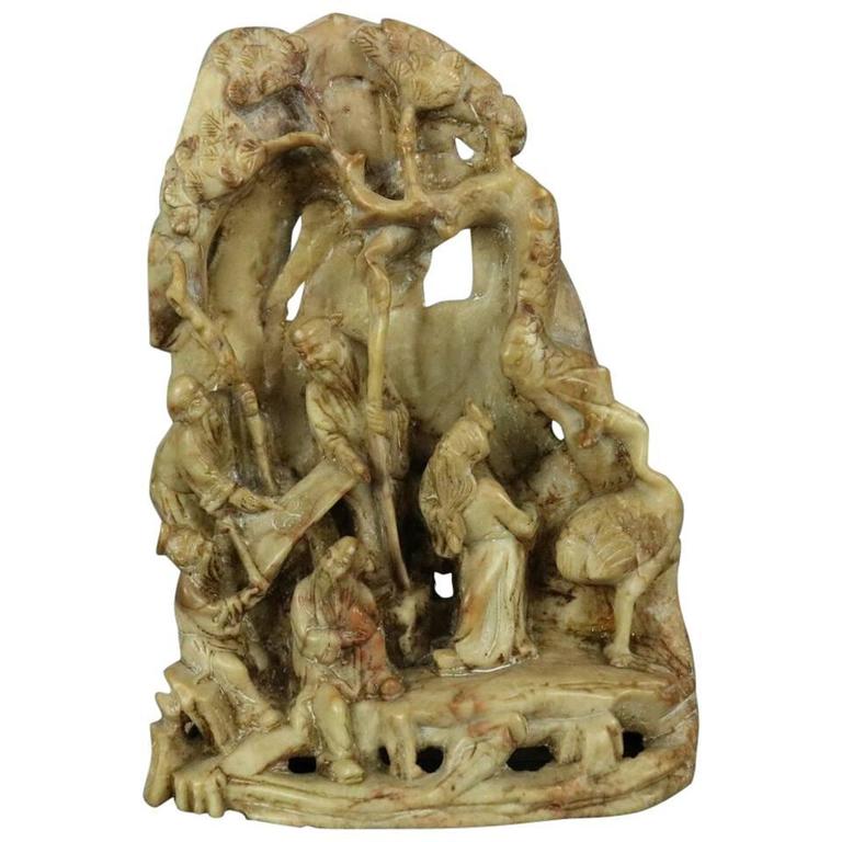 Antique Chinese Carved Soapstone Figural Grouping, Asian Wise Men, circa 1900 at 1stDibs