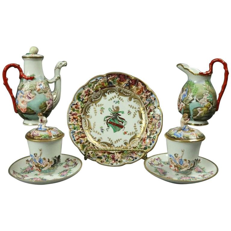 Seven pieces Antique Italian Porcelain Figural Capodimonte Tea Set