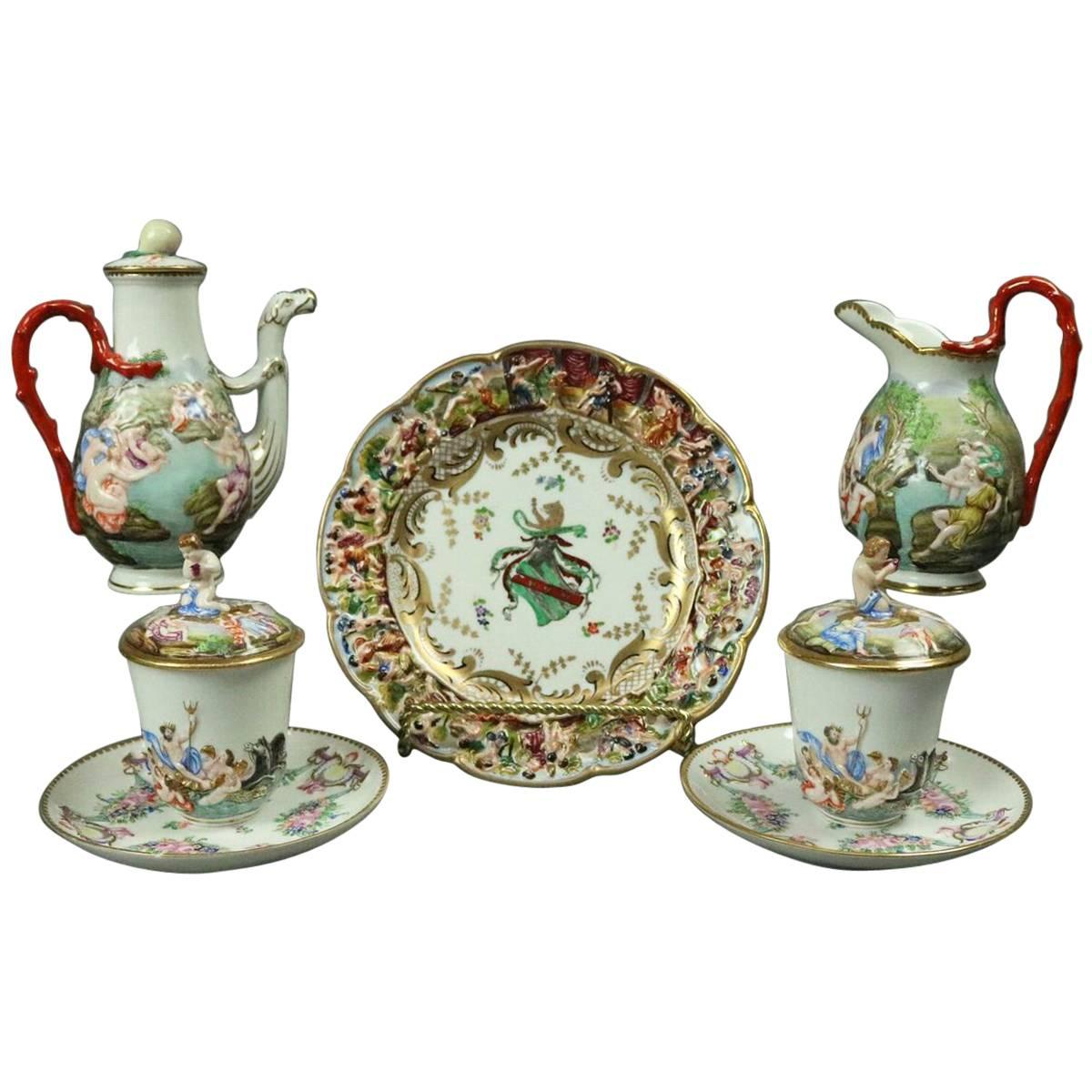 Seven pieces Antique Italian Porcelain Figural Capodimonte Tea Set, Posiedon