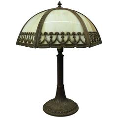 Antique Arts & Crafts Bradley and Hubbard Six-Panel Slag Glass and Bronze Lamp