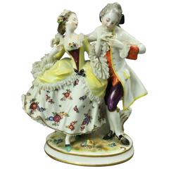 Antique German Dresden Lace Hand-Painted Porcelain Figural Group Dancing, circa 1880
