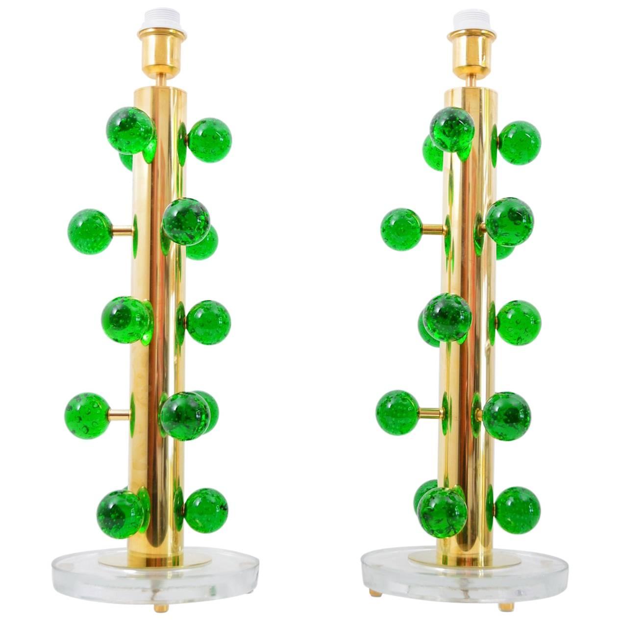 Murano Brass and Emerald Green Glass Table Lamps, Set of Two