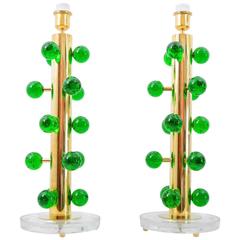 Murano Brass and Emerald Green Glass Table Lamps, Set of Two