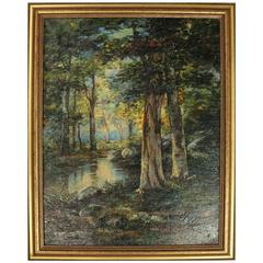 Antique Hudson River School Oil on Canvas Painting, Forest with River Scene