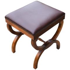 Antique Leather Upholstered Directoire Style Fruitwood Tabouret