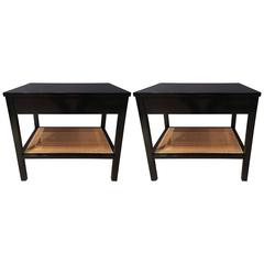 Black Lacquer and Cane Paul McCobb Style One Draw End Tables/ Nightstands, Pair