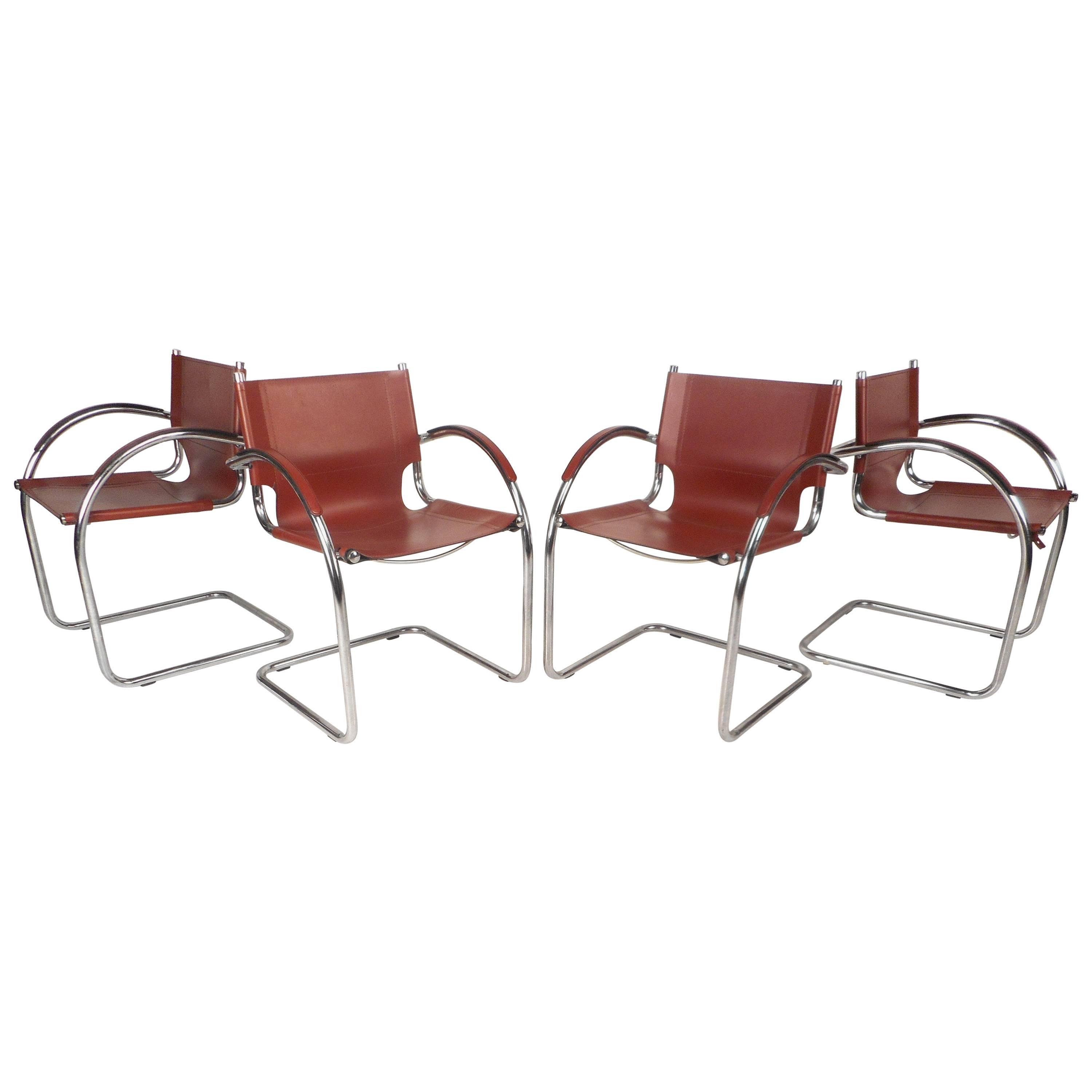 Set of Unique Mid-Century Modern Leather and Chrome Cantilever Dining Chairs