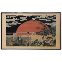 Large Chinese Painting on Silk of a Red Moon 5