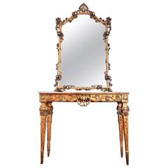 Italian Giltwood and Marble Console Table with Mirror in Rococo Style, 1950s 12